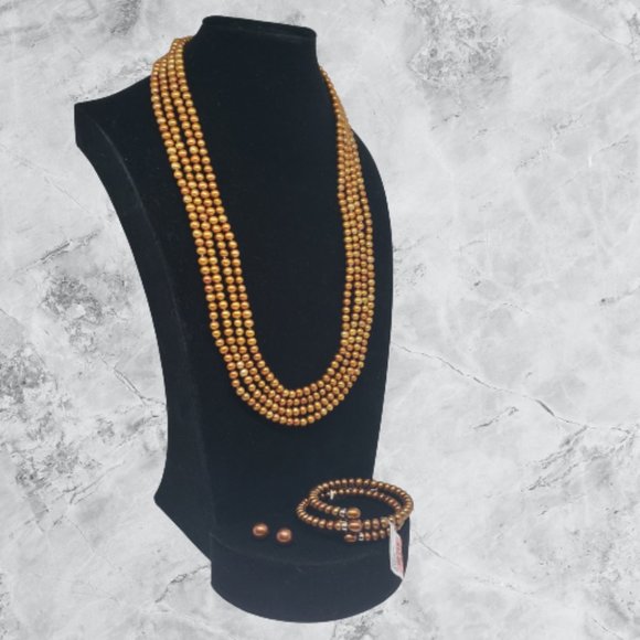 Cultured Mahogany Dyed Pearls 4 Piece Set Necklace/2 Bracelets/Earrings - Picture 1 of 8